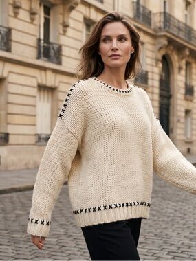 Elegant Cream Sweater with Black Detailing Perfect For Cold Days & Layering